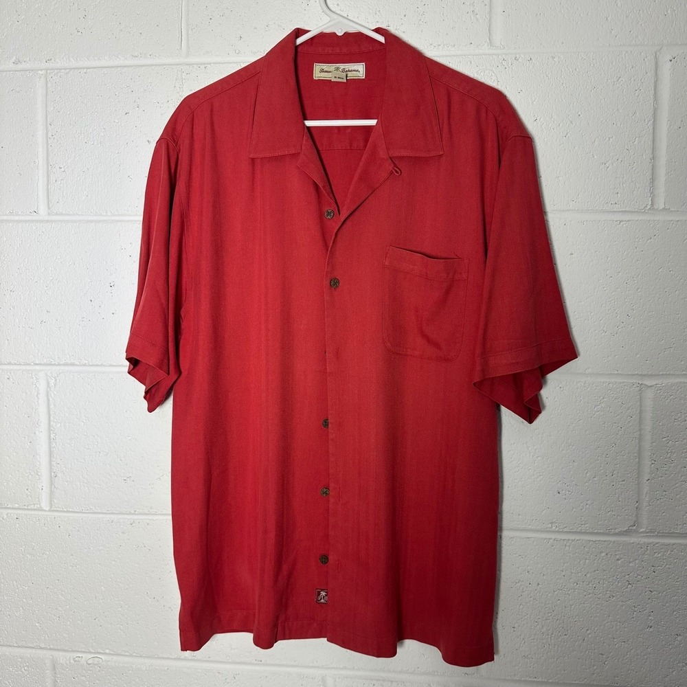 Tommy Bahama Mens Red Silk Short Sleeve Button Up Shirt Size L‎